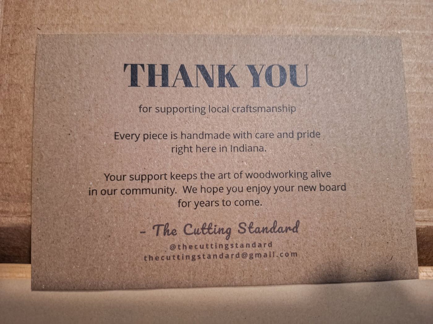 Kraft thank-you card: Thank you for supporting local craftsmanship, handmade right here in Indiana